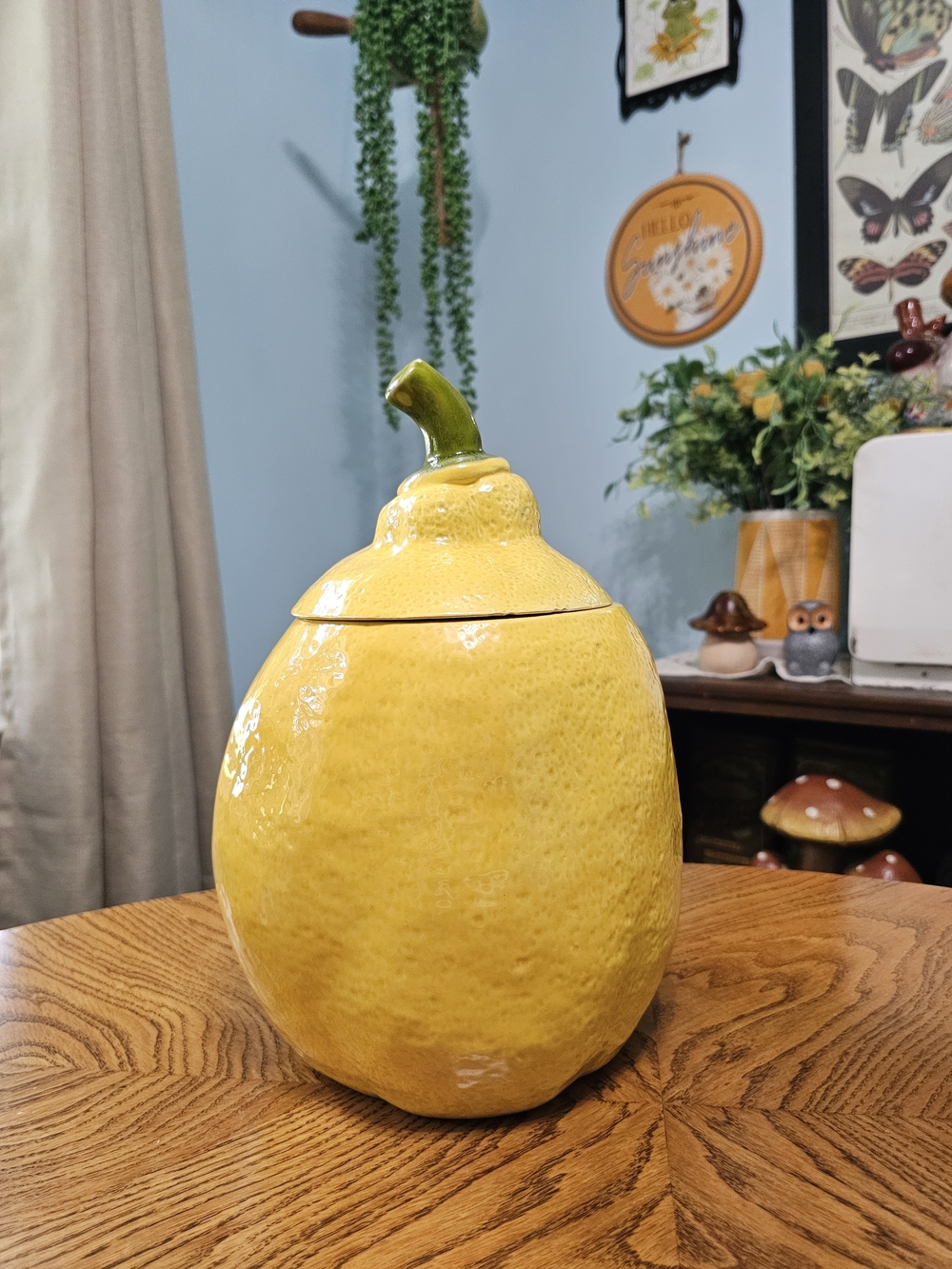 Vintage Ceramic Yellow Lemon Cookie Jar Stem Lid Maximalist Whimsical